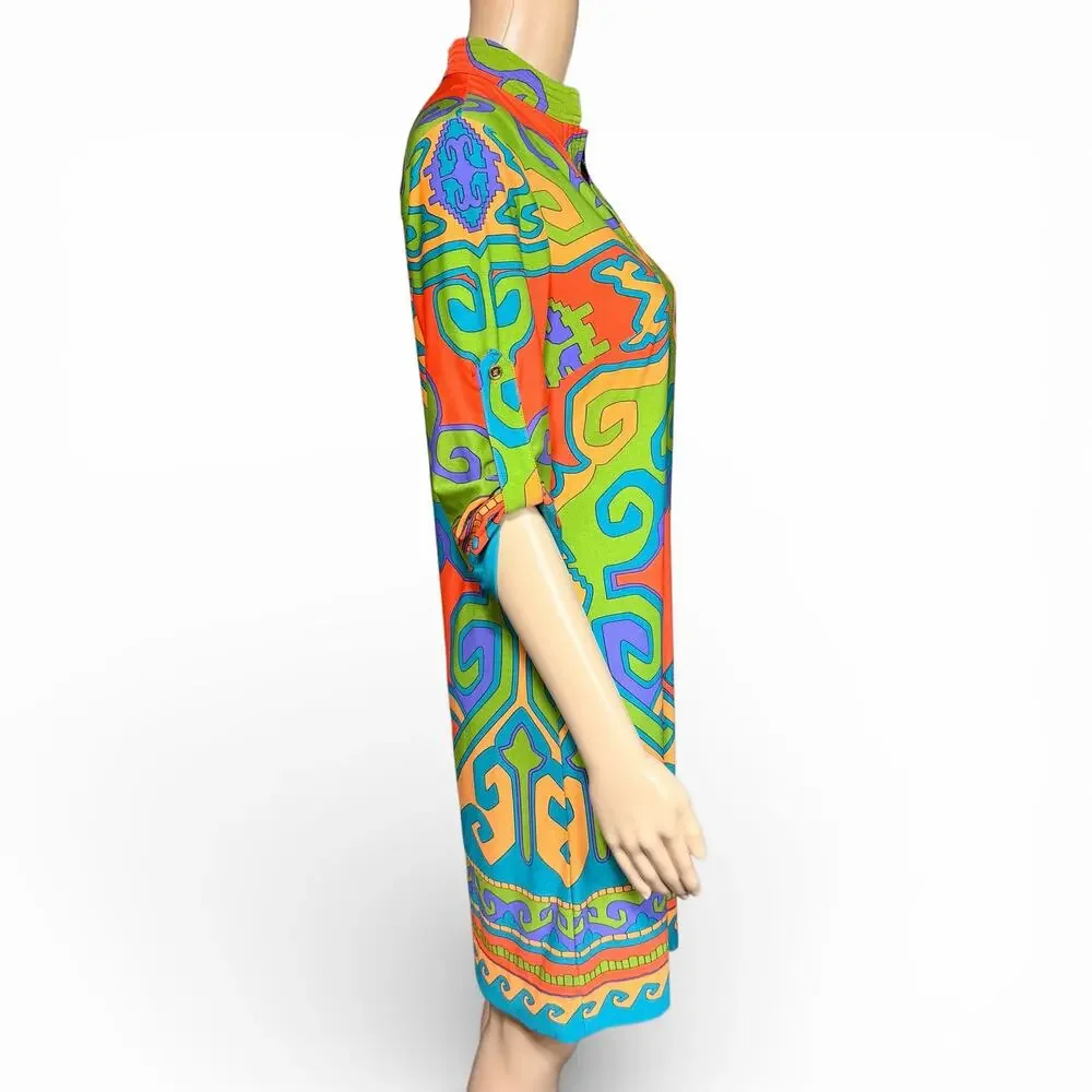 Donna Morgan Womens Tunic Shift Dress Retro Geo Print Pullover Green Orange Sz 6